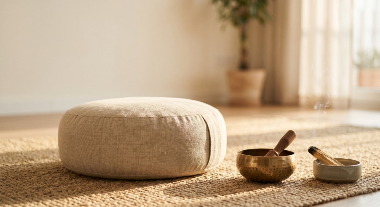 Zen meditation space with a zafu cushion, a Tibetan singing bowl
